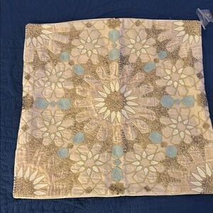 Pottery Barn Floral Embroidered Pillow cover 18x18- Cream and Blue Sequins NEW